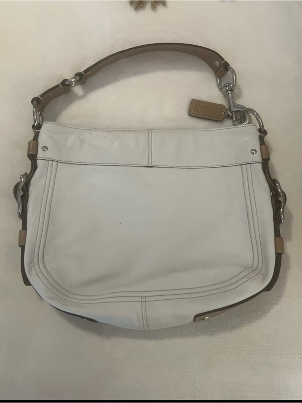 🩷Vintage Coach Zoe Leather Hobo Shoulder Bag - White with Tan Trim💚